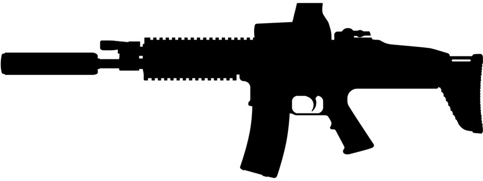 Silhouette vector illustration of SCAR assault rifle with scope and suppressor