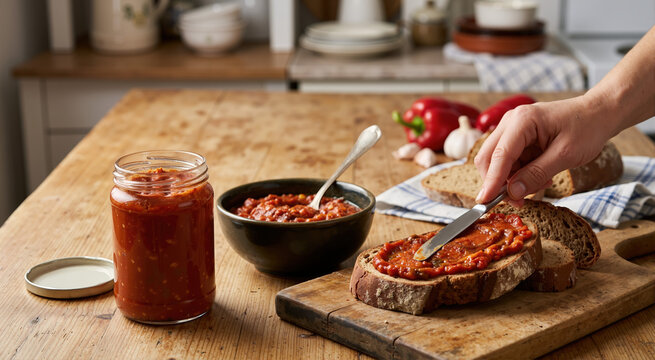 Hand spreading traditional Zacuscă on a slice of rustic bread. Homemade Romanian vegetable spread in a jar and bowl on a wooden kitchen table
