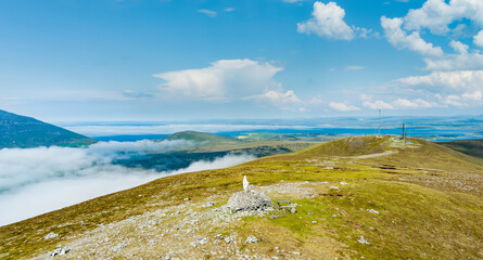 Obraz premium Aerial view from Minaun Heights on Achill Island, County Mayo, Ireland. Panoramic Atlantic landscape with Croaghaun, Clew Bay and wild mountain scenery.