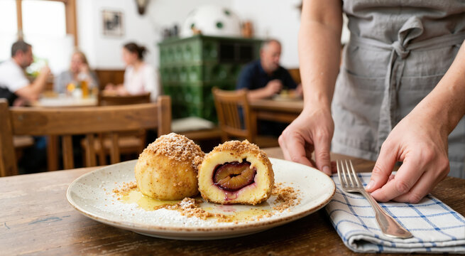 Waitress serving traditional Zwetschgenkn&ouml;del plum dumplings on a plate. Sweet Austrian dessert with breadcrumbs and butter in a restaurant