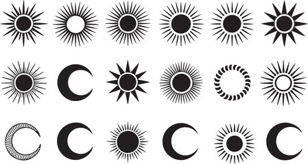 Sun and moon celestial symbols collection showing various phases of eclipse stars and orbital bodies for mystic astrology art. © Kamrun82