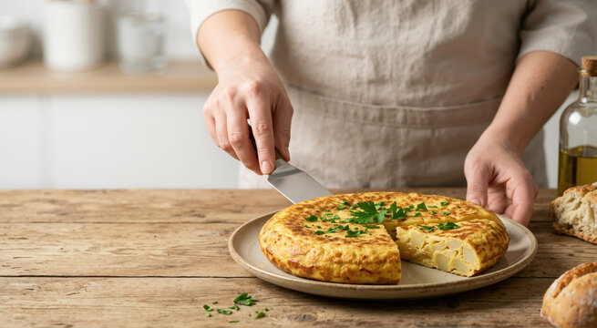 Person serving a slice of traditional Tortilla Espa&ntilde;ola with a spatula. Homemade Spanish potato omelet garnished with parsley on a rustic wooden table. Copy space for text