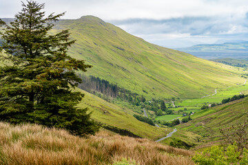 Naklejka premium Glengesh Pass winding through a green mountain valley in County Donegal, Ireland. A scenic road landscape of the Wild Atlantic Way and remote Irish highlands.