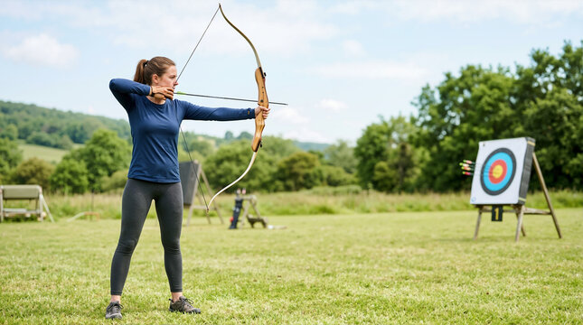 Female archer aiming a wooden recurve bow at a target in an outdoor field. Young woman practicing archery on a grassy meadow. Active lifestyle and sports recreation