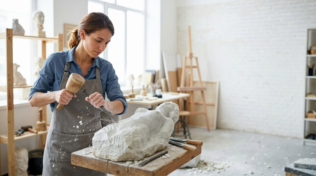Female sculptor carving a white stone statue with a mallet and chisel. Woman in an apron working on a marble figure in a bright art studio. Creative artisan workshop