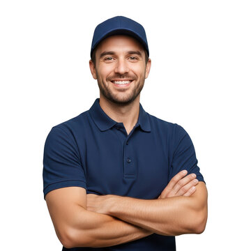 Happy delivery man wearing a blue uniform cap and polo shirt