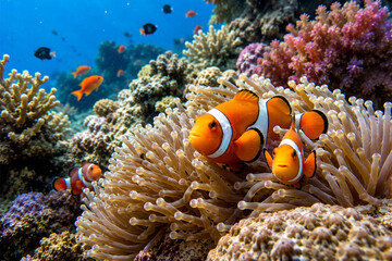 Amphiprion ocellaris clownfish in marine. Orange corals in the background. Colorful pattern, texture, wallpaper, panoramic underwater view. Concept art, graphic resources, macro photography © yuda