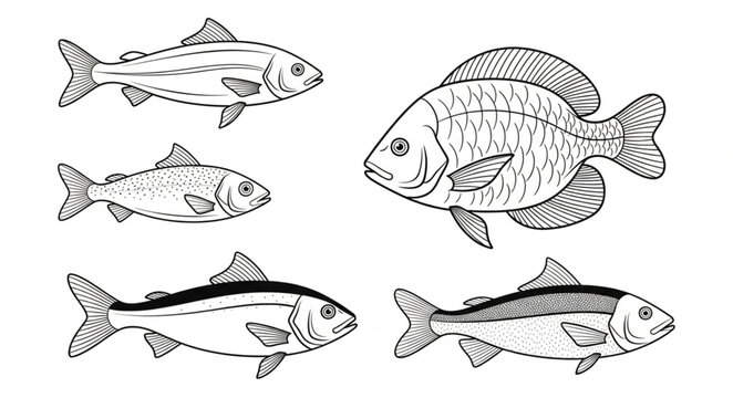 Collection of Five Hand Drawn Fish Illustrations in Black and White.