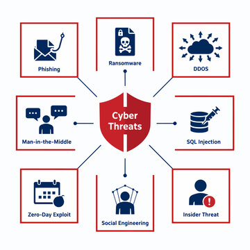 Cyber threats awareness infographic with shield center surrounded by phishing ransomware ddos sql injection social engineering zeroday exploit and insider icons, modern network security training graph