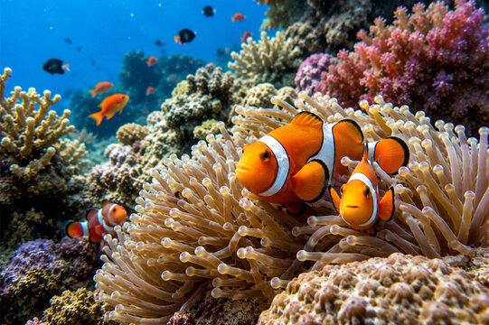 Amphiprion ocellaris clownfish in marine. Orange corals in the background. Colorful pattern, texture, wallpaper, panoramic underwater view. Concept art, graphic resources, macro photography