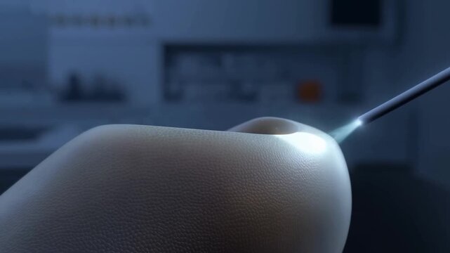 Tracking shot of medical laser device performing skin treatment on rounded tissue in clinical operating room