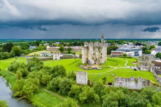 Aerial view of Trim Castle in County Meath, Ireland. The great Anglo Norman fortress rising above the River Boyne beside the medieval heritage town of Trim.