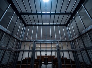 Obraz premium Prisoner holding cell in courtroom interior with metal bars