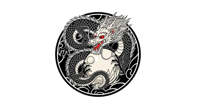 Dragon emblem on circular black background.