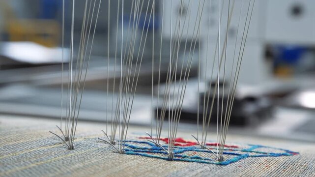 Tracking shot of embroidery machine needles stitching colorful thread into fabric in industrial workshop assembly