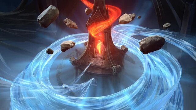 Static slow motion shot of obelisk with fiery core and swirling blue energy vortex with floating rocks inside dark chamber temple interior
