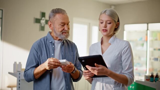 Apothecary staff consulting man reading prescription tablet at pharmacy closeup