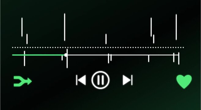 A music player interface displays a green playhead and controls