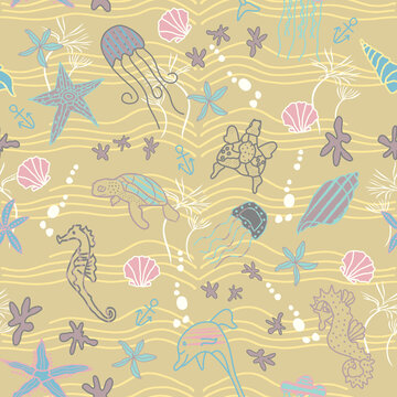 Seamless Vintage Ocean Sealife Pattern, Jellyfish, Turtles, Dolphins, Seahorses, Starfish, Coral and Sea Plants in Gold, Pink and Green, Illustrated Repeat Design for Fabric and Wallpaper.