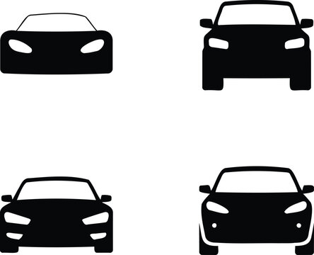 Four different car silhouettes in various views and angles facing front and side  isolated on transparent background