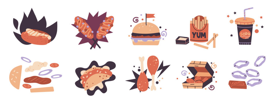 Collection of fast food and drinks with abstract elements hot dog junk food illustration burger icon fries icon drink taco pizza snack takeaway comfort