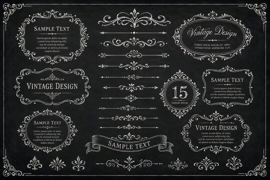 Vintage chalkboard design elements with ornate frames and dividers