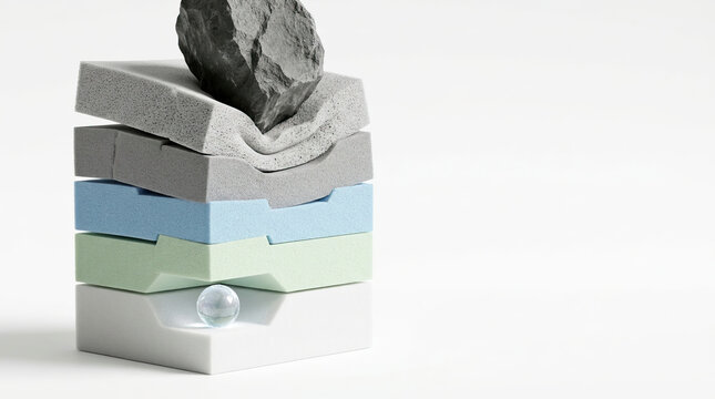 Soft foam layers stacked with heavy rock pressing down, showing compression and resilience, with glass sphere resting on bottom layer, symbolizing protection and balance