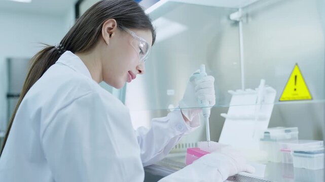 In a laboratory, a scientist in a lab coat and gloves carefully uses a pipette to transfer liquid into a dish as part of a research project. The setting is bright and organized.