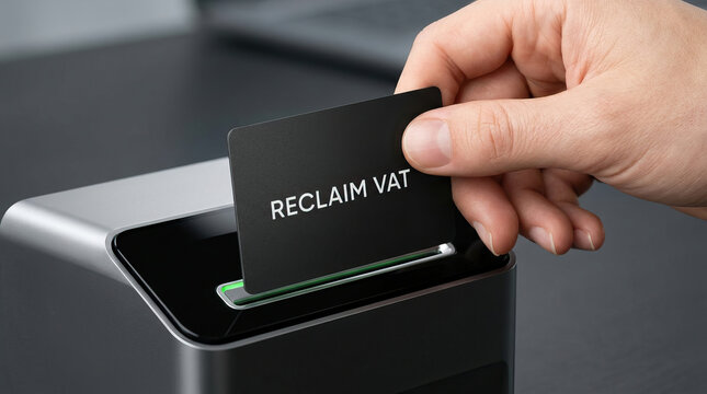 Hand holding black card with RECLAIM VAT text inserting into modern card reader device, close up of tax refund process, financial transaction concept with technology and business innovation
