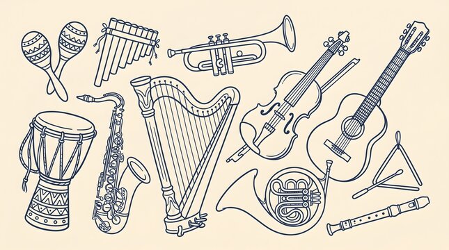 Musical instruments collection line art illustration for music education and design