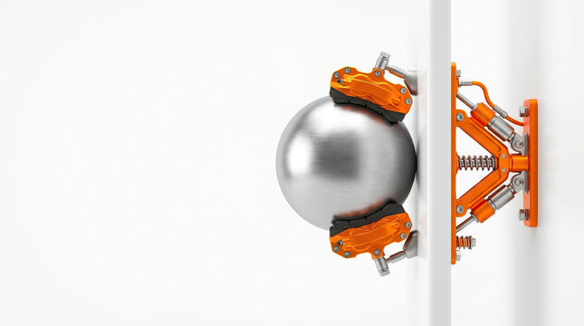 Braking system halting sphere coiled spring mechanical device with orange calipers pressing silver metal ball on white background