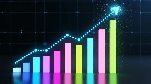 Vibrant glowing bar chart with data trend on dark digital background