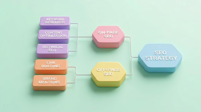 SEO strategy concept with colorful blocks showing on page and off page SEO elements like keyword research, content optimization, technical SEO, link building, and brand mentions on light background