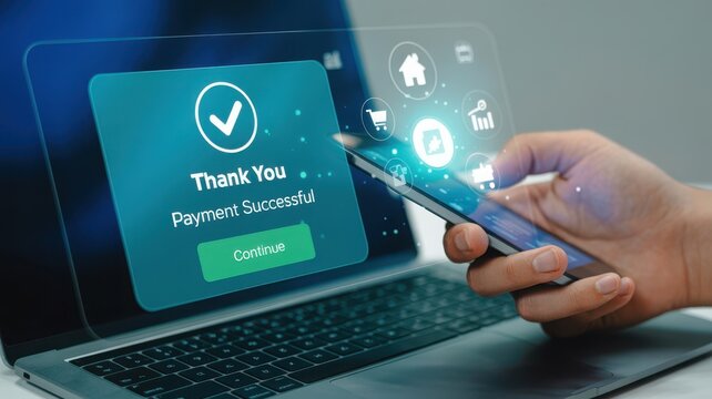 Person confirming successful online payment on laptop