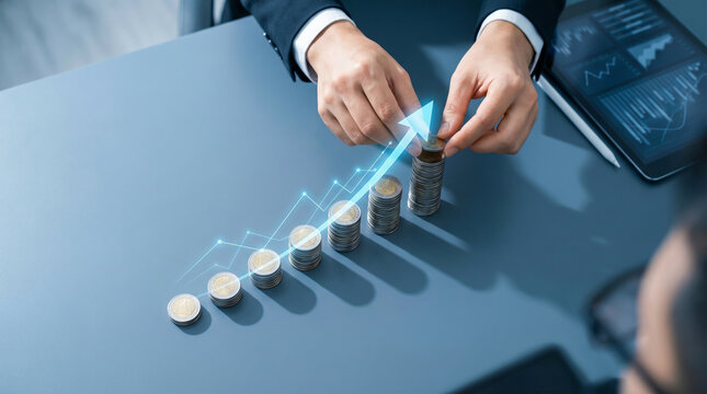 Businessman stacking coins with glowing blue upward trend arrow