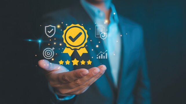 Hand holding digital badge with checkmark and stars