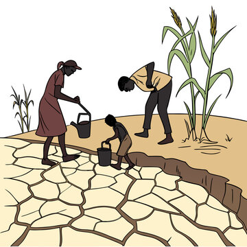vector illustration of people watering parched earth with buckets high quality