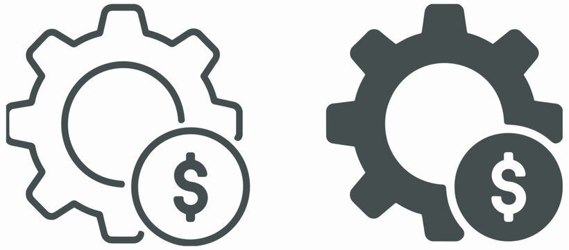 Cost management icon featuring a gear symbol with an overlaid dollar sign, representing financial settings, production costs, or economic mechanisms.