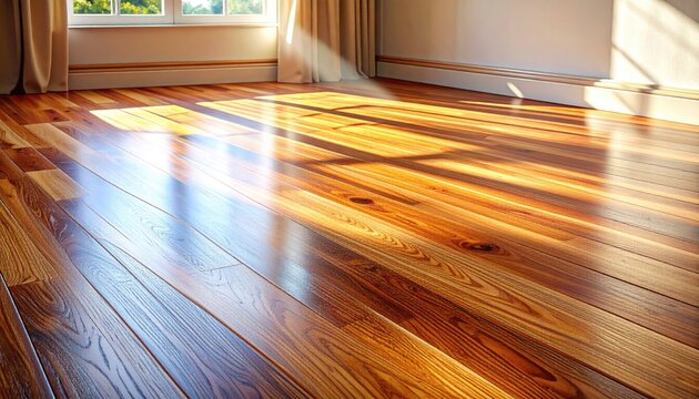 Close up of polished wooden floor with sunlight and reflections