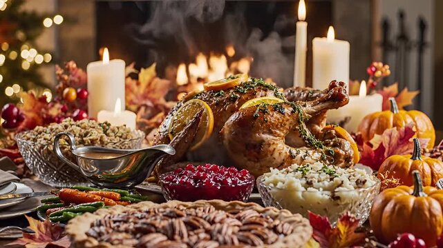 Thanksgiving Feast Table Setting with Roasted Turkey and Autumn Decorations.