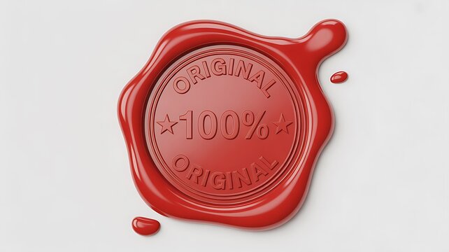 Red wax seal stamp, 100% original authenticity mark, vintage style embossed logo, business authenticity symbol