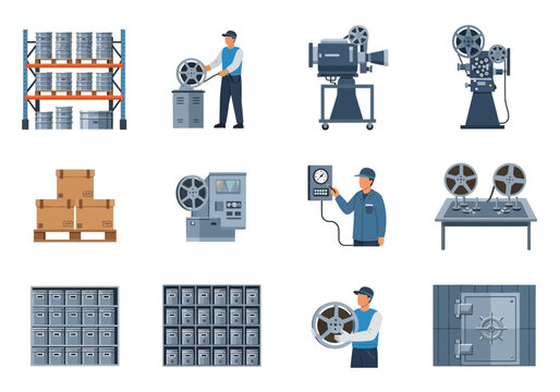Film Reel Storage Shelves Projection Machines and Archivist Worker in Cinema Archive