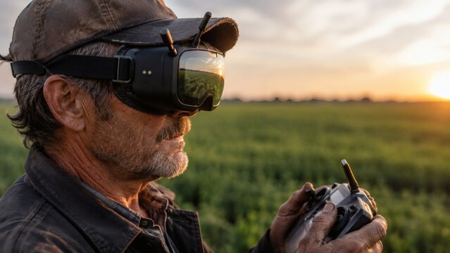 Profile of Farmer Wearing FPV Drone Glasses