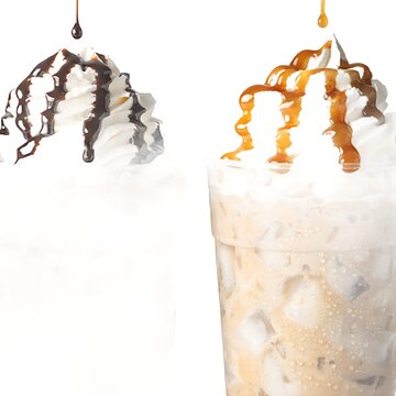frozen coffee and caramel frappes with whipped cream and drizzled toppings in plastic takeaway cups on transparent background,dessert, chocolate, glass, vanilla, frozen, beverage, ice cream, food, ice