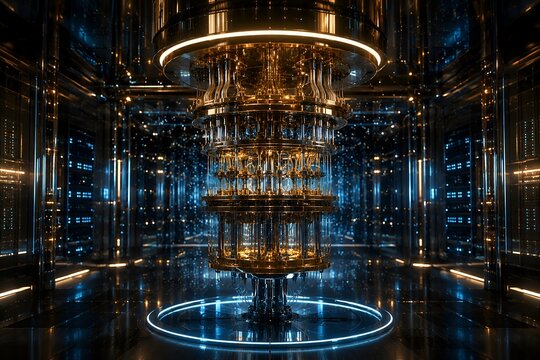 Interior of a futuristic quantum computing room with a glowing golden core processor and complex circuitry, concept of advanced supercomputing and next-generation data processing