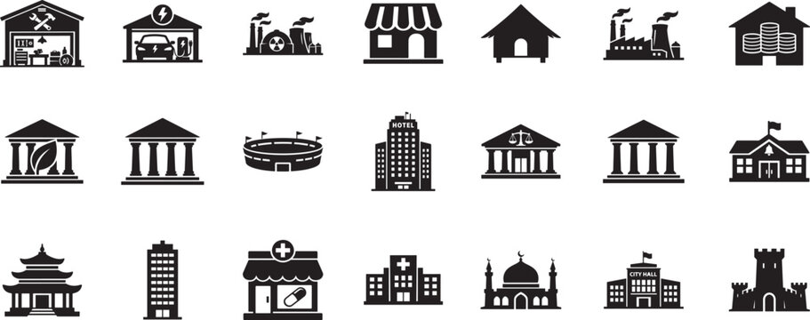 School building icon set with education campus symbols and editable vector icons for learning