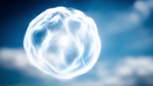 Mysterious Orb Ascending: A luminous, ethereal orb, glowing with an inner light, floats serenely against a backdrop of wispy clouds and a pale blue sky, evoking a sense of wonder and the unknown.