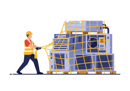 Warehouse Worker Securing Palletized Machinery Cargo for Safe Shipping