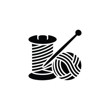 Sewing and knitting craft supplies icon with thread spool yarn ball and needle