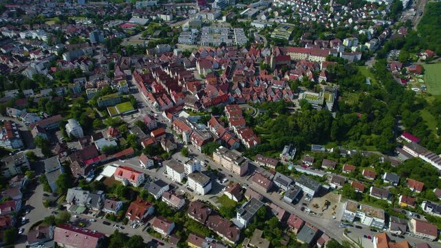 Aerial panoramic view above the old town around the city Leonberg on a sunny spring day. 